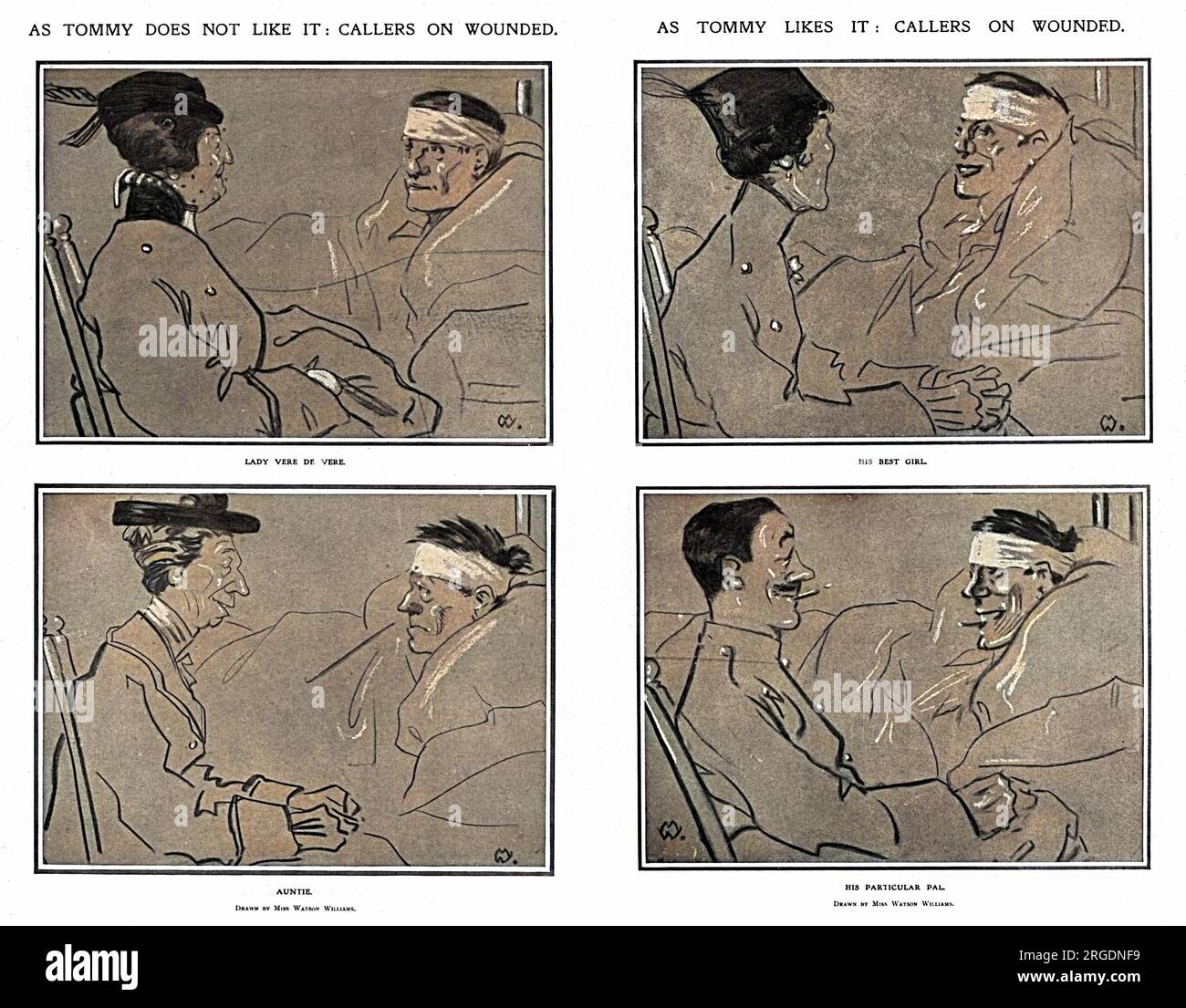 Una serie di quattro immagini - la coppia a sinistra intitolata "come Tommy non piace", che mostrano alcuni visitatori piuttosto faticosi - una signora aristocratica e una zia nubile. A destra ci sono un paio ('come piace a Tommy') di persone più gradite - la sua migliore ragazza e il suo amico particolare. Foto Stock