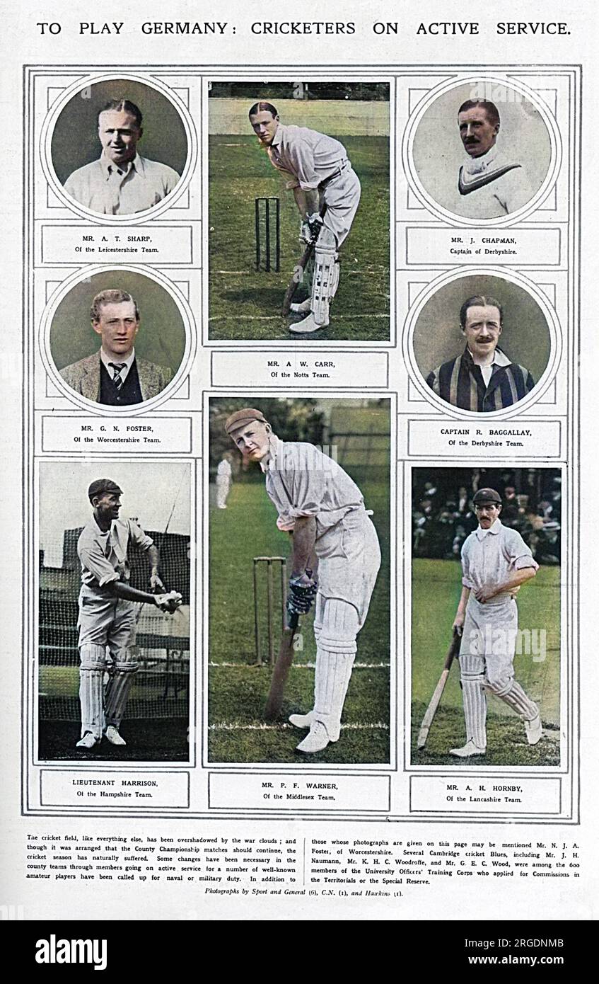 Membri delle squadre di cricket del campionato della contea che sono state chiamate per il servizio attivo dopo lo scoppio della prima guerra mondiale Foto Stock