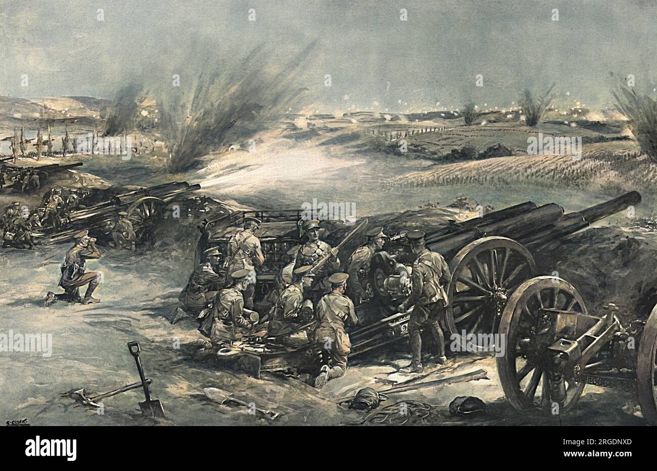 I cannonieri britannici al lavoro con il 60-prs nel distretto viticolo della Francia nell'ottobre 1914. Sparando i cannoni 60-pr della Royal Garrison Artillery contro una posizione tedesca. Una batteria pesante è composta da quattro pistole mostrate in figura. Foto Stock