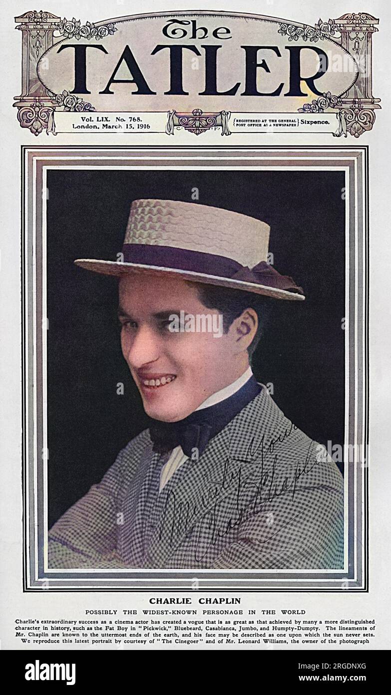 Copertina di The Tatler con un ritratto di Charlie Chaplin (Sir Charles Spencer) comico e attore inglese (1889-1977). Chaplin fu la più grande star cinematografica del periodo della grande Guerra, un fatto confermato dal Tatler che lo descrisse come "forse il personaggio più conosciuto al mondo". Foto Stock