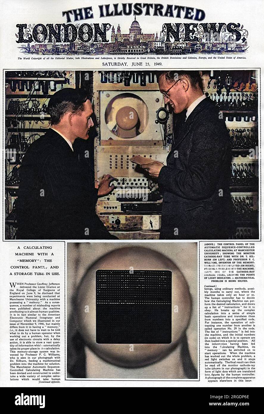 Una copertina del Notiziario illustrato di Londra, 1949, che riporta la macchina di calcolo automatica controllata in sequenza presso l'Università di Manchester. Nella figura è illustrato il tubo a raggi catodici del monitor con il Dr. T. Kilburn (a sinistra) e il Professor F. C. Williams, inventore del sistema di memorizzazione (a destra). Williams divenne Professore di Ingegneria elettrica a Manchester nel 1946 è principalmente noto per il suo sviluppo del tubo Williams, il primo successo elettrostatico ad accesso casuale memoria per il computer digitale. Questo gli ha permesso, insieme a Kilburn, di far funzionare il primo computer al mondo con programmi memorizzati Foto Stock