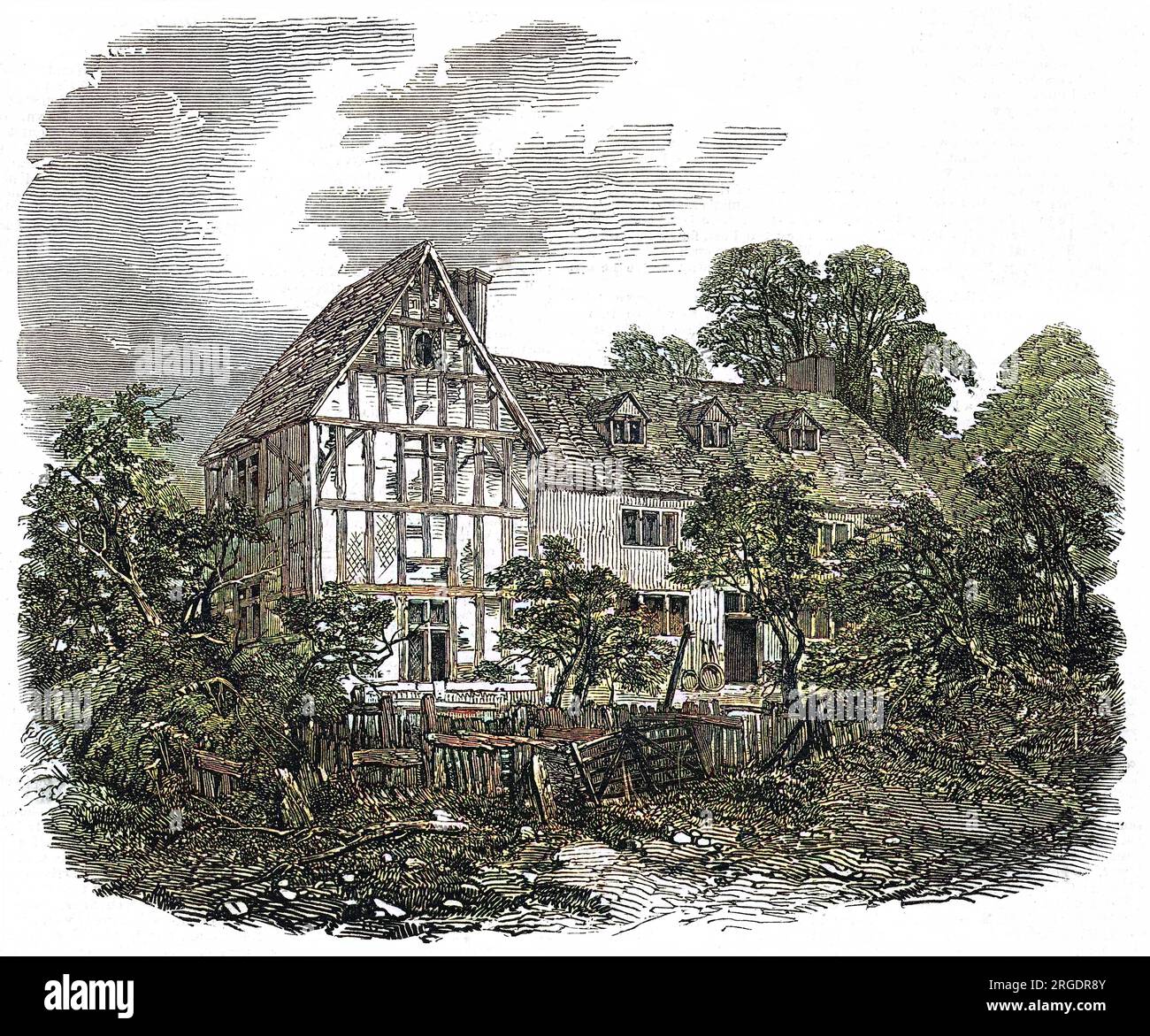 George's Farm a Grendon Underwood, ex 'The Ship' Inn, dove Shakespeare si fermò durante i suoi viaggi tra Stratford e Londra. Purtroppo, è stato distrutto nel 1848. Foto Stock