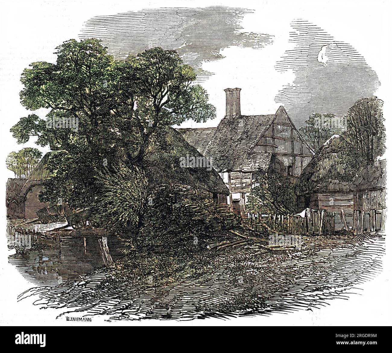 George's Farm a Grendon Underwood, ex 'The Ship' Inn, dove Shakespeare si fermò durante i suoi viaggi tra Stratford e Londra. Purtroppo, è stato distrutto nel 1848. Foto Stock