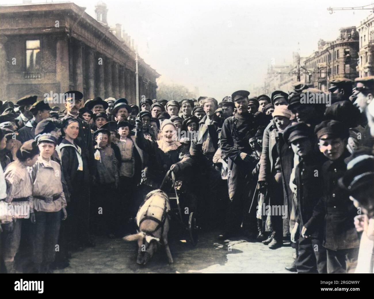 Come parte delle celebrazioni del 1921 maggio a St Petersburg, un pagliaccio dall'aspetto pazzo, cavalcare i maiali, intrattiene le folle piacevolmente sconcertate. Foto Stock