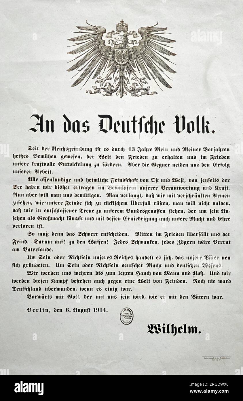 Il discorso del Kaiser Guglielmo II al popolo tedesco all'inizio della prima guerra mondiale. Foto Stock