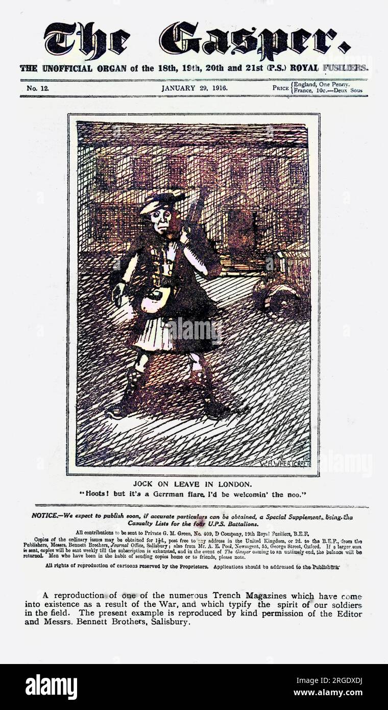 Copertina del Gasper, un giornale di trincea durante la grande Guerra per i 18th, 19th, 20th e 21st Royal Fusiliers, con un cartone animato umoristico sulla copertina che mostra un soldato scozzese che sbircia nella cupa oscurità di un blackout londinese. Foto Stock