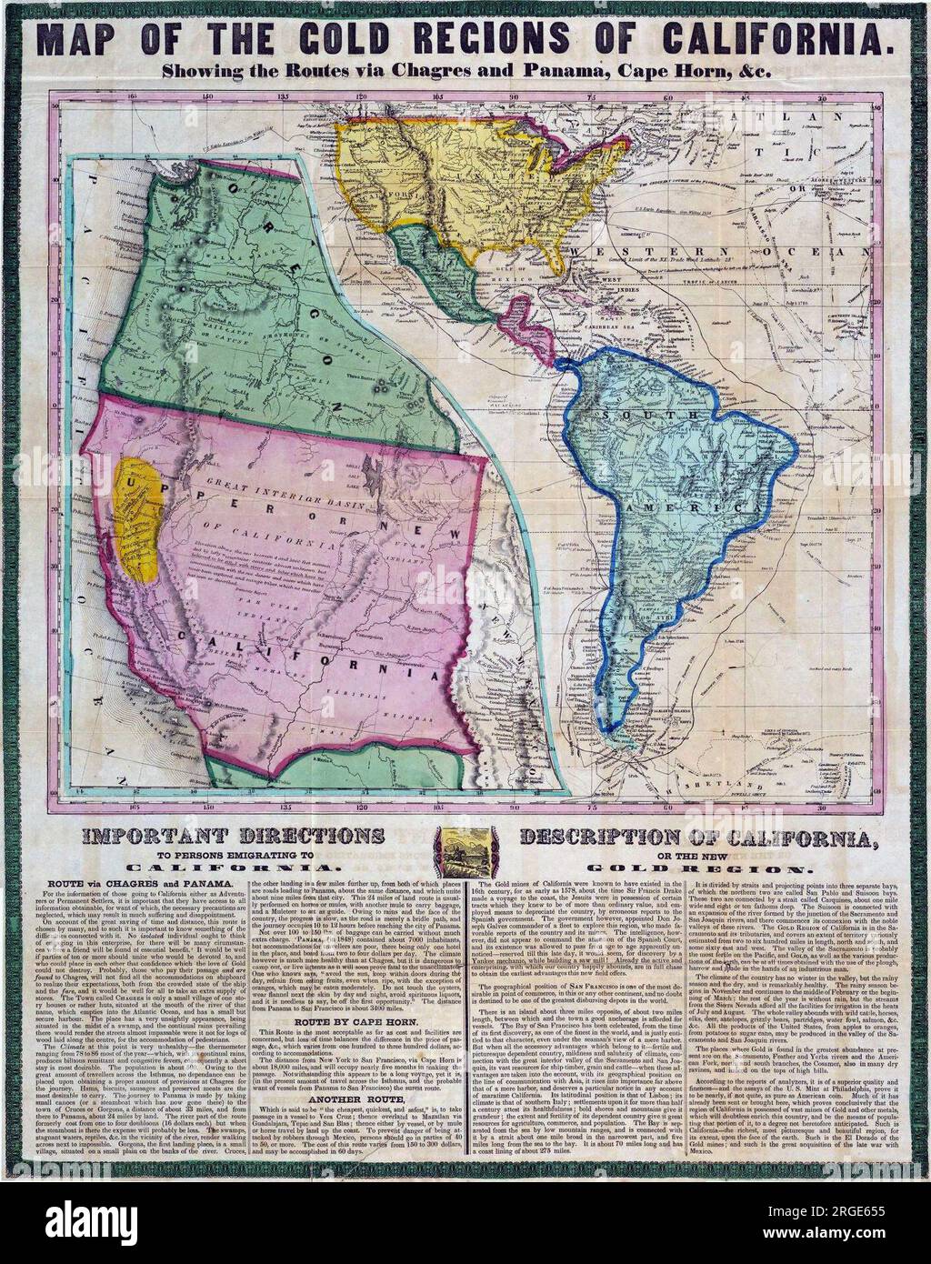 Mappa delle regioni d'oro della California, che mostra i percorsi via Date 1849 Foto Stock