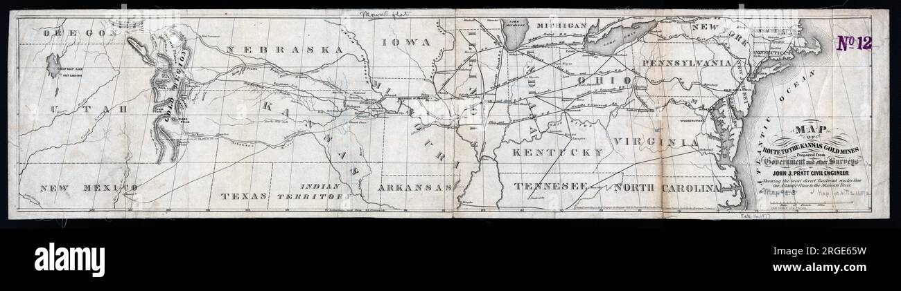 1859 Mappa del percorso per le miniere d'oro del Kansas, preparata dal governo e da altre indagini, mostrando le rotte ferroviarie più dirette dalle città atlantiche al fiume Missouri, da John J. Pratt ; CH. Shober lith Foto Stock