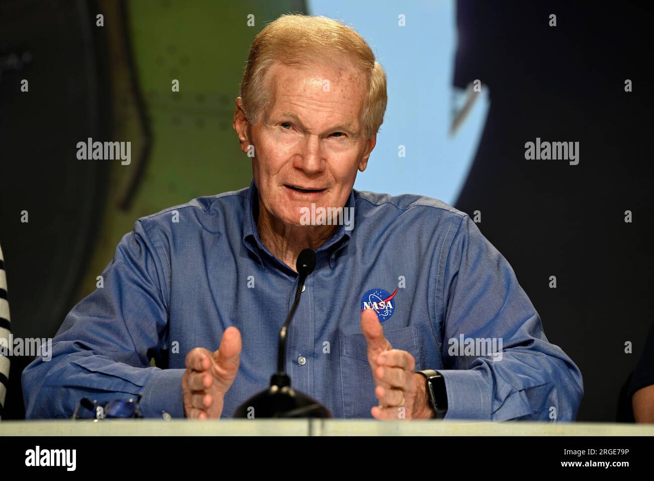 L'amministratore della NASA, Bill Nelson, fa osservazioni in una conferenza stampa al Kennedy Space Center, Florida martedì 8 agosto 2023. Foto di Joe Marino/UP.i credito: UPI/Alamy Live News Foto Stock