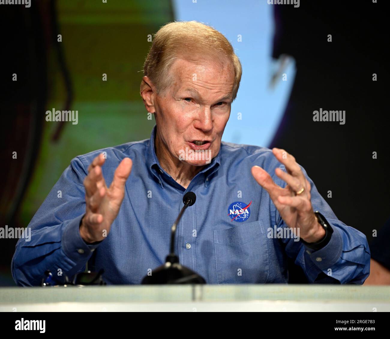 L'amministratore della NASA Bill Nelson risponde alle domande dei media in una conferenza stampa al Kennedy Space Center, Florida martedì 8 agosto 2023 foto di Joe Marino/UPI Credit: UPI/Alamy Live News Foto Stock