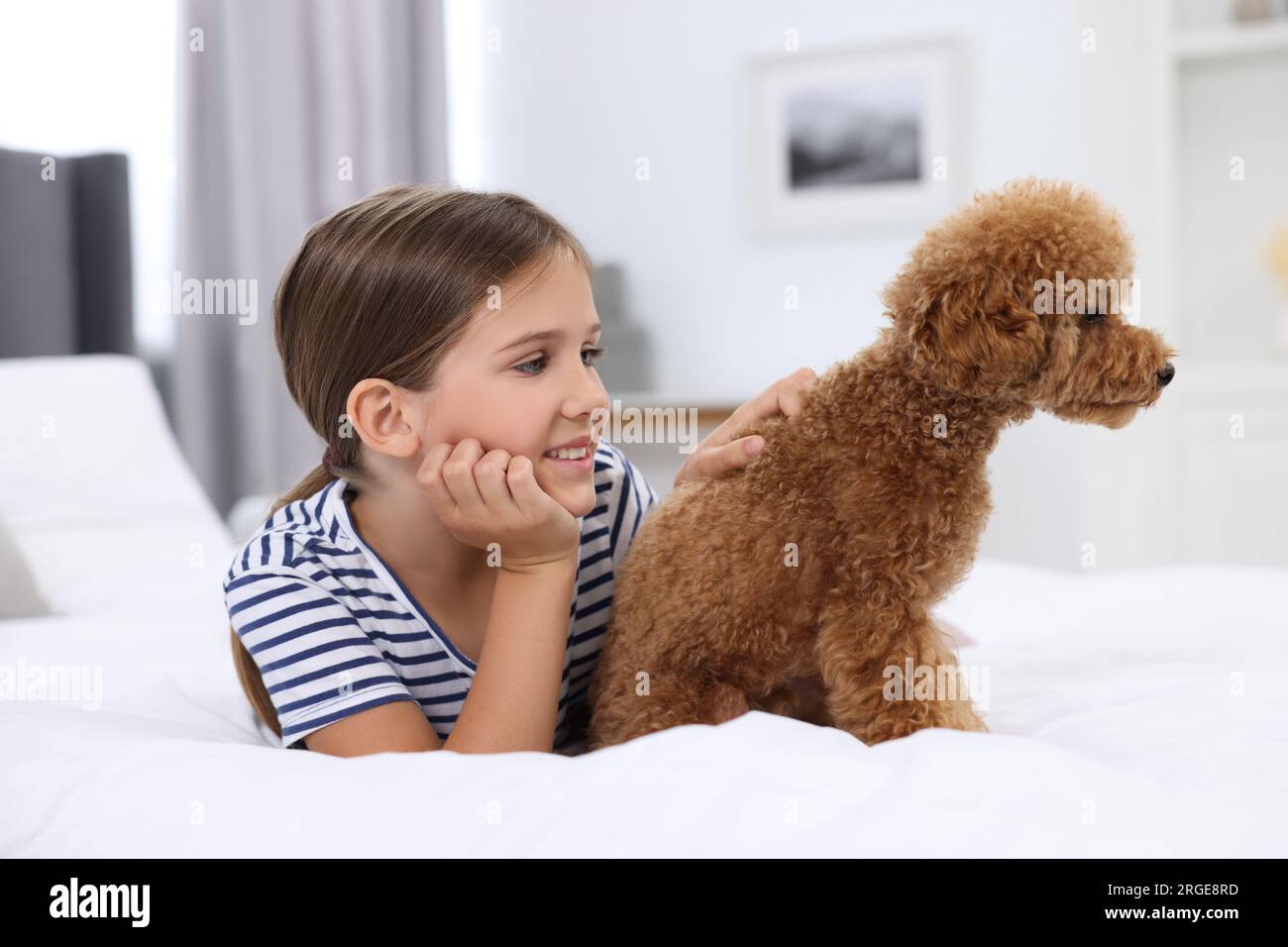 Bambino piccolo e cucciolo carino a letto a casa. Adorabile animale domestico Foto Stock