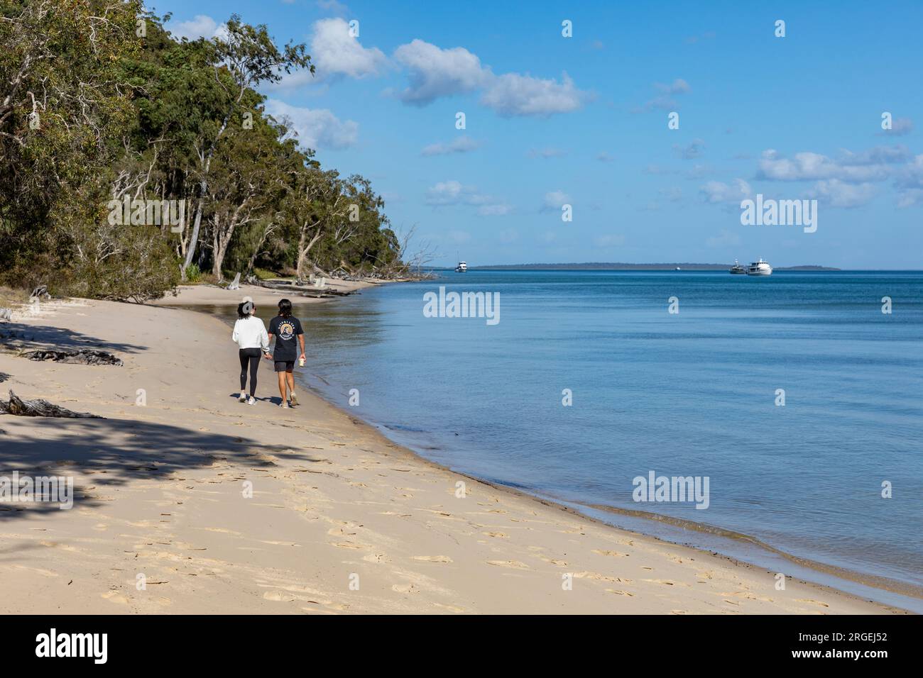 Giovani coppie che si tengono per mano e camminano lungo la spiaggia di Fraser Island, K'gari, a Kingfisher Bay, Queensland, Australia, 2023 Foto Stock