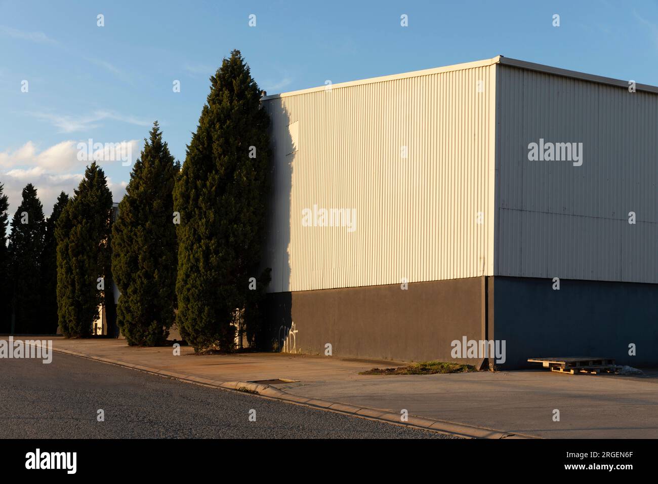 Pallet non utilizzati che riposano all'aperto vicino al magazzino nelle giornate di sole, in attesa di un utilizzo futuro. Foto Stock