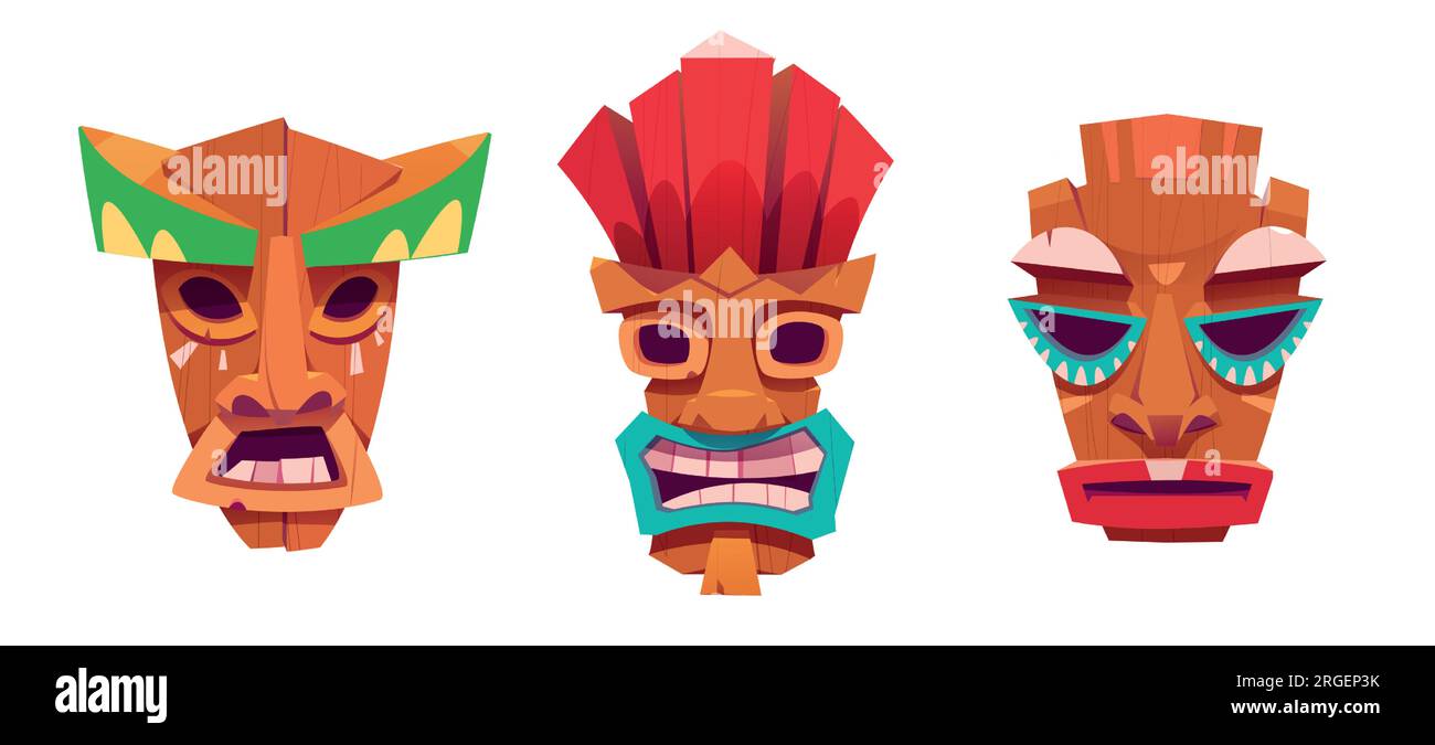 Set di illustrazioni vettoriali per cartoni animati con maschera Tiki. Collezione di elementi in legno dai colori vivaci dei popoli tribali etnici hawaiani. Totem statue culturali decorative tradizionali di aborigeni. Illustrazione Vettoriale
