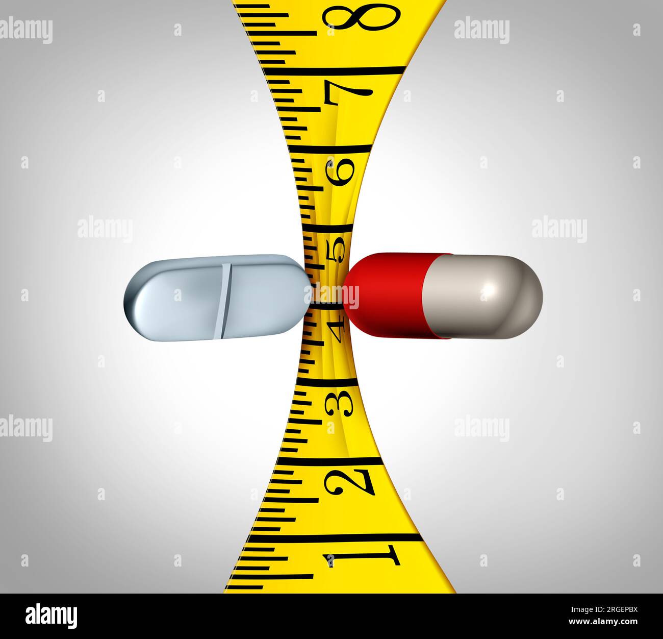 Pillole di perdita di grasso come nastro di misurazione per alimenti e concetto di compressione di controllo del peso come due farmaci prescritti che schiacciano uno strumento di misurazione della vita. Foto Stock