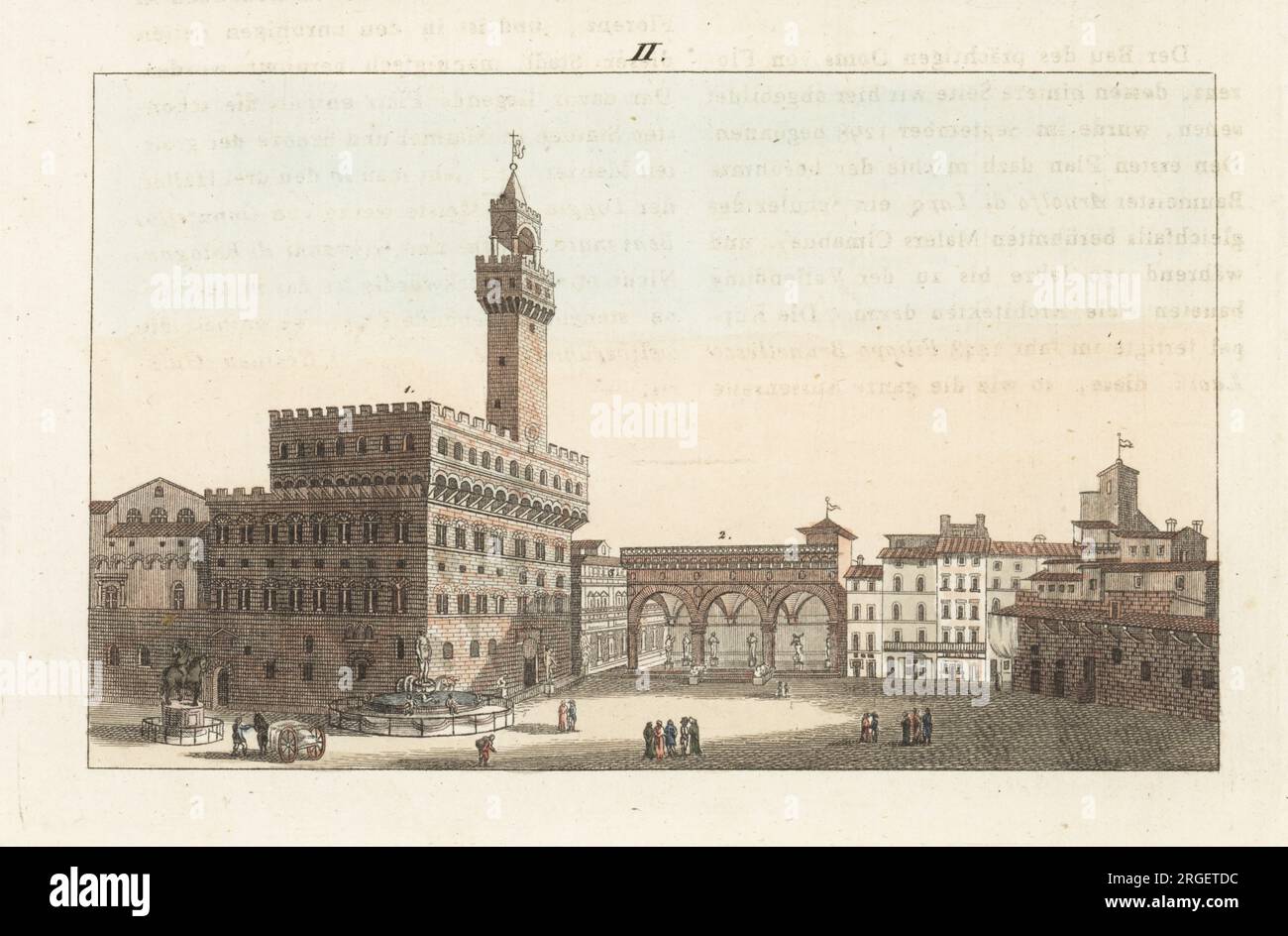 Vista di Palazzo Vecchio o Palazzo Vecchio in Piazza della Signoria, Firenze. Con la Loggia dei Lanzi che espone statue di Donatello, Cellini, fontana di Nettuno, ecc. Der alte Pallast mit seinem Umgebungen, le Vieux Palais avec ses alentours. Incisione in copperplate a mano da Carl Bertuch's Bilderbuch fur Kinder (Picture Book for Children), Weimar, 1812. Un'enciclopedia in 12 volumi per bambini illustrata con quasi 1.200 tavole incise su storia naturale, scienza, costume, mitologia, ecc., pubblicato dal 1790-1830. Foto Stock