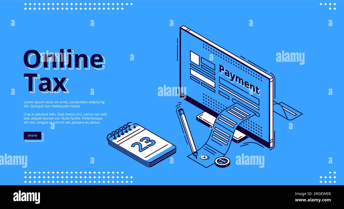 Landing page isometrica fiscale online. Grande fattura di pagamento che esce dallo schermo del computer desktop. Tecnologie intelligenti per la contabilità bancaria, applicazione per la tassazione su internet, banner web 3D Vector line art Illustrazione Vettoriale