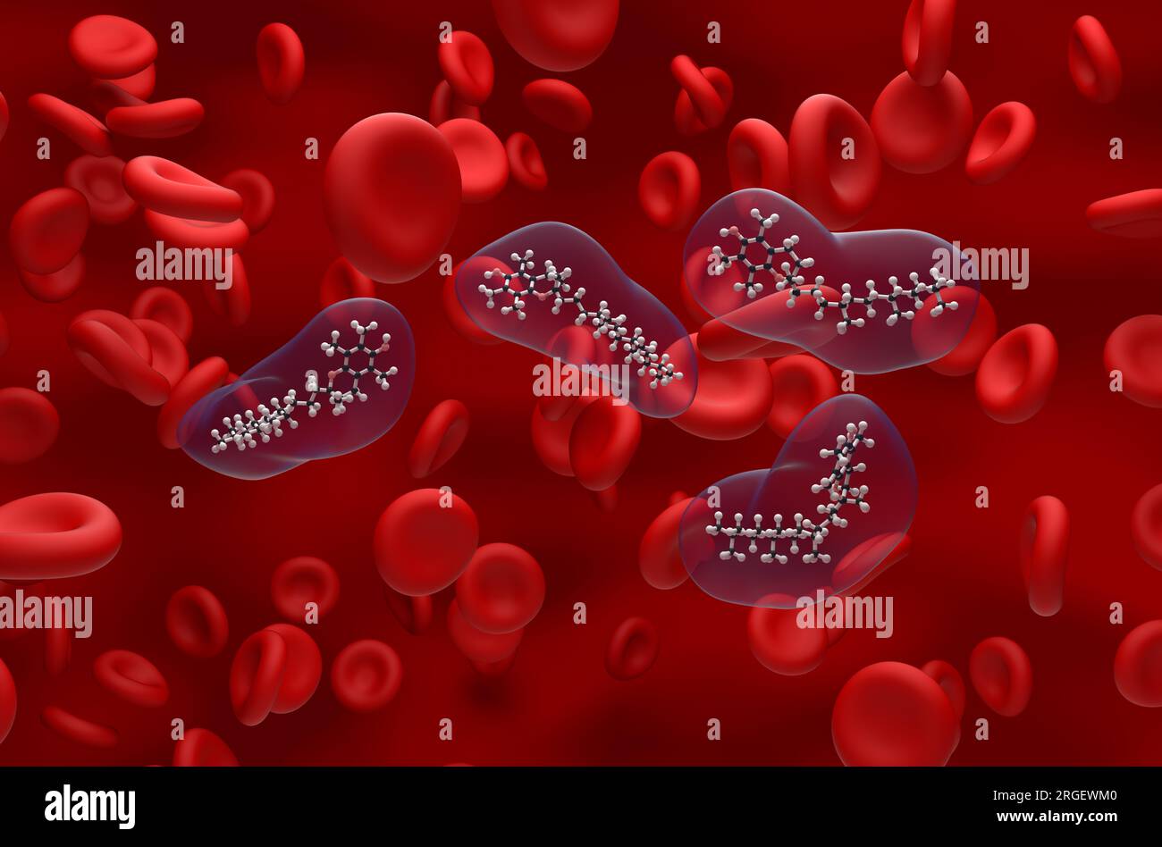 Struttura della vitamina e nel flusso sanguigno - visualizzazione isometrica della sfera e del bastone illustrazione 3d. Foto Stock