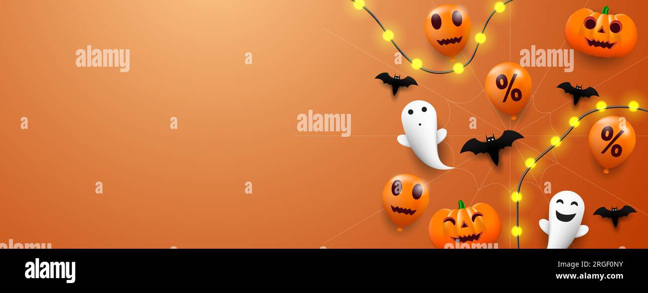 banner di halloween con zucca, fantasma, pipistrello e palloncini su sfondo arancione Illustrazione Vettoriale