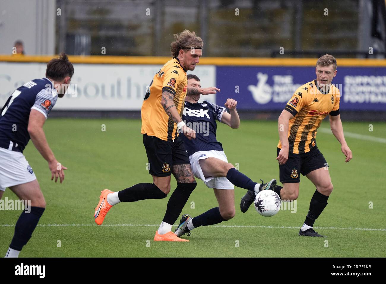 Southport contro Warrington Town 5 agosto 2023 Big Help Stadium .Southport. Vanarama National League North. Southport 0 Warrington Town 4. Jack Bainbridge di Southport in azione Foto Stock
