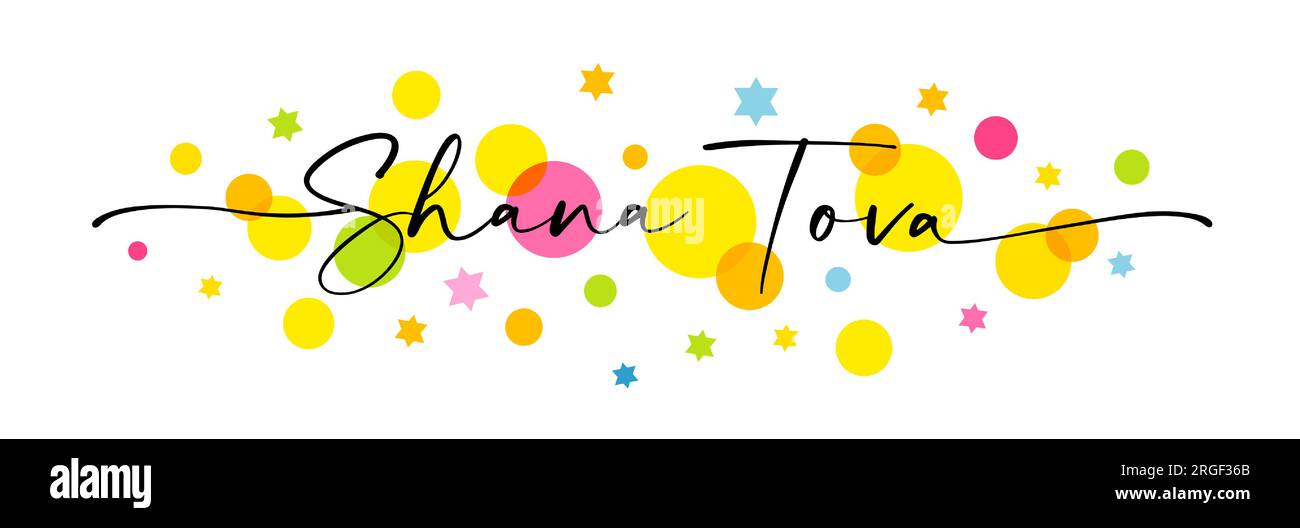 Shana Tova elegante calligrafia con stelle colorate e bolle. Felice e dolce anno nuovo. Illustrazione vettoriale Illustrazione Vettoriale