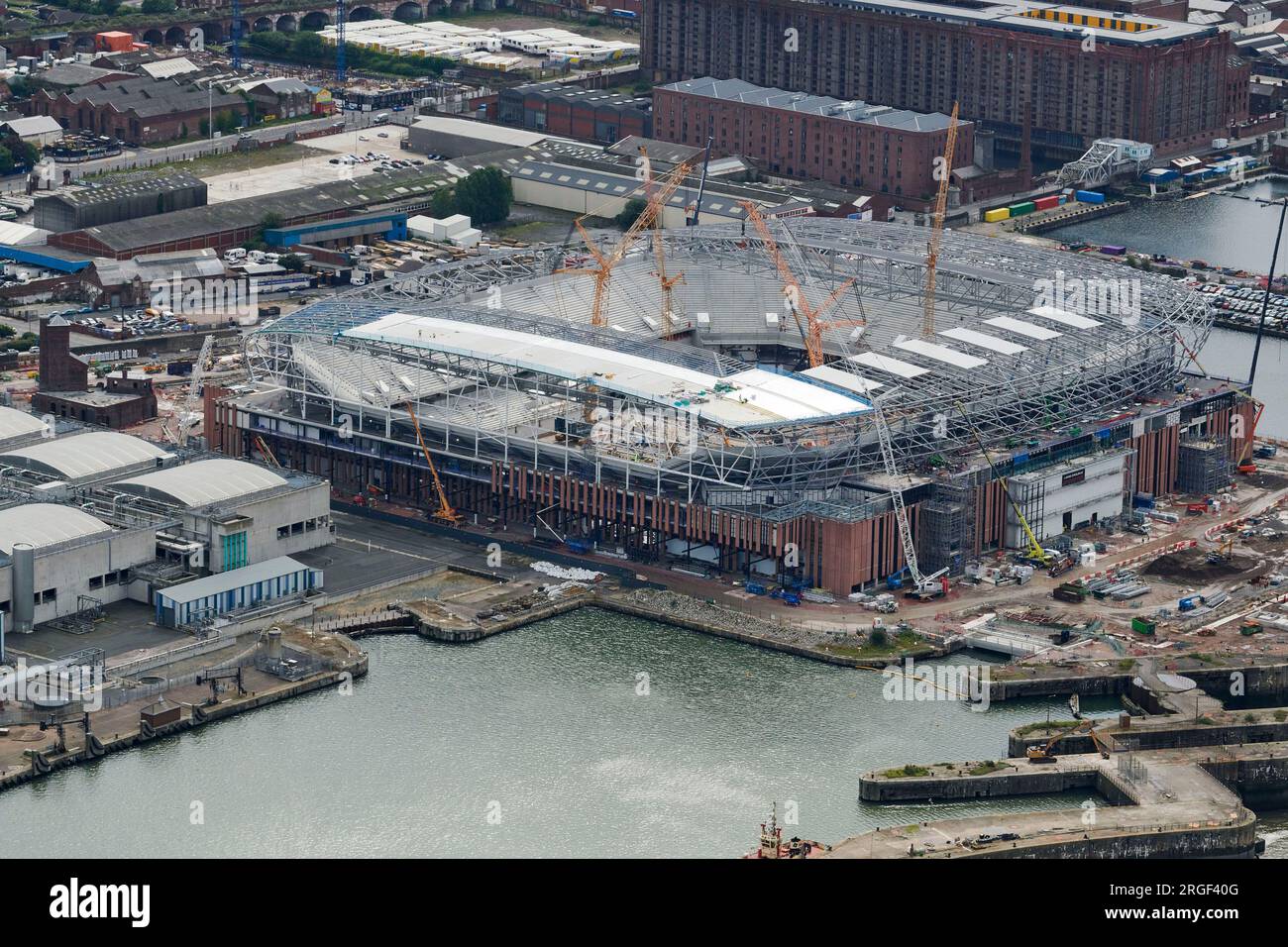 Vista aerea del nuovo stadio dell'Everton FC in costruzione, Bramley-Moore Dock, Merseyside, Inghilterra nord-occidentale, Regno Unito Foto Stock