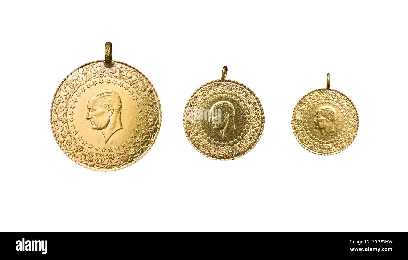 Monete d'oro turche piene, metà e un quarto affiancate su sfondo bianco Foto Stock
