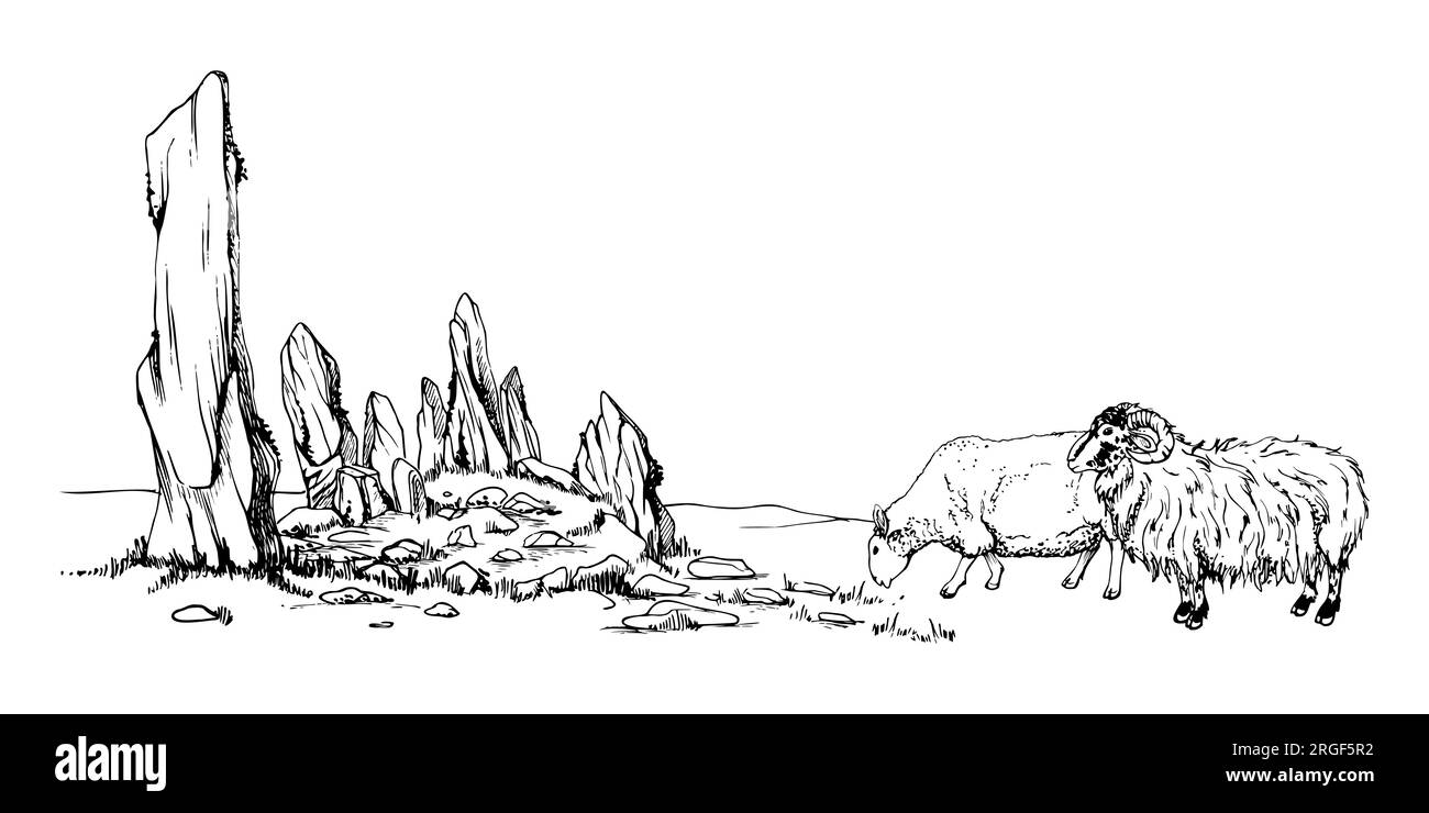 Inchiostro disegno a mano illustrazione vettoriale paesaggio di altopiani natura di campagna. Pietre in piedi, pecore. Composizione striscione orizzontale Illustrazione Vettoriale