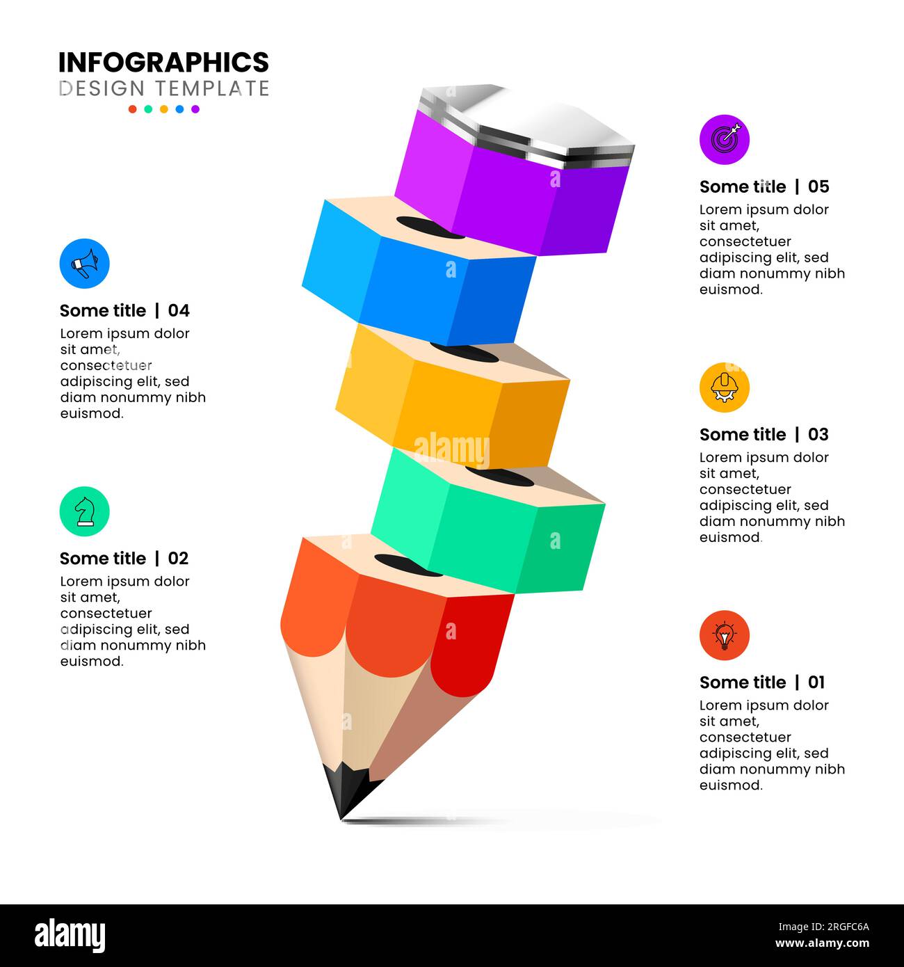 Modello infografico con icone e 5 opzioni o passaggi. Matita. Può essere utilizzato per il layout del flusso di lavoro, il diagramma, il banner, il webdesign. Illustrazione vettoriale Illustrazione Vettoriale