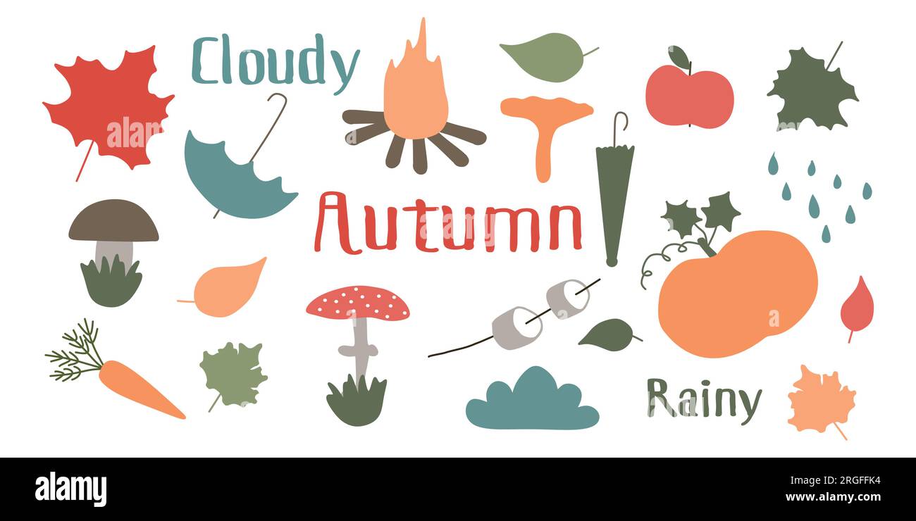 Serie di illustrazioni vettoriali autunnali. Calda collezione di cartoni pastello di elementi desing. Clima stagionale con foglie autunnali, funghi, ombrello. Illustrazione Vettoriale
