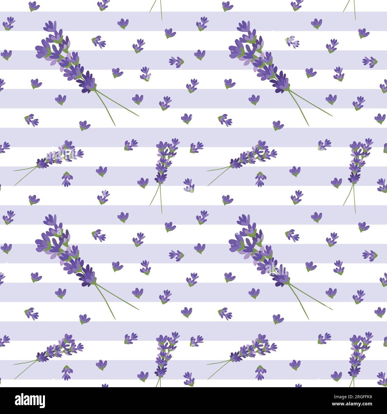 Motivo senza cuciture con fiori e rami di lavanda. Sfondo floreale viola senza fine con strisce. Carta da regalo per le vacanze, stile nozze provenzale. Illustrazione Vettoriale