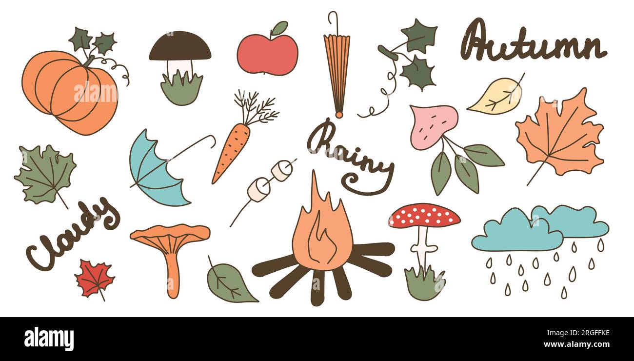 Set piatto di elementi autunnali. Illustrazione vettoriale. Calda collezione di cartoni pastello di elementi desing. Clipart stagionale con foglie, funghi, ombrello Illustrazione Vettoriale