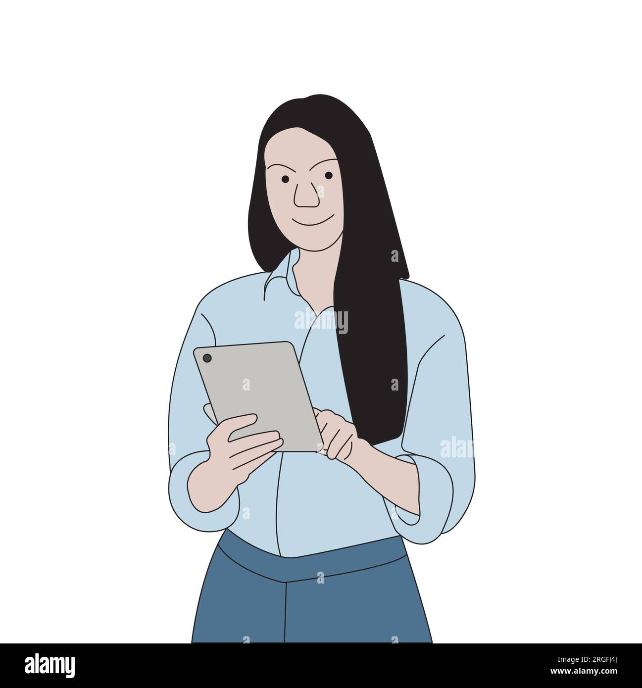 Giovane donna d'affari che utilizza un tablet con schermo touch in un ufficio moderno. illustrazione grafica colorata Illustrazione Vettoriale