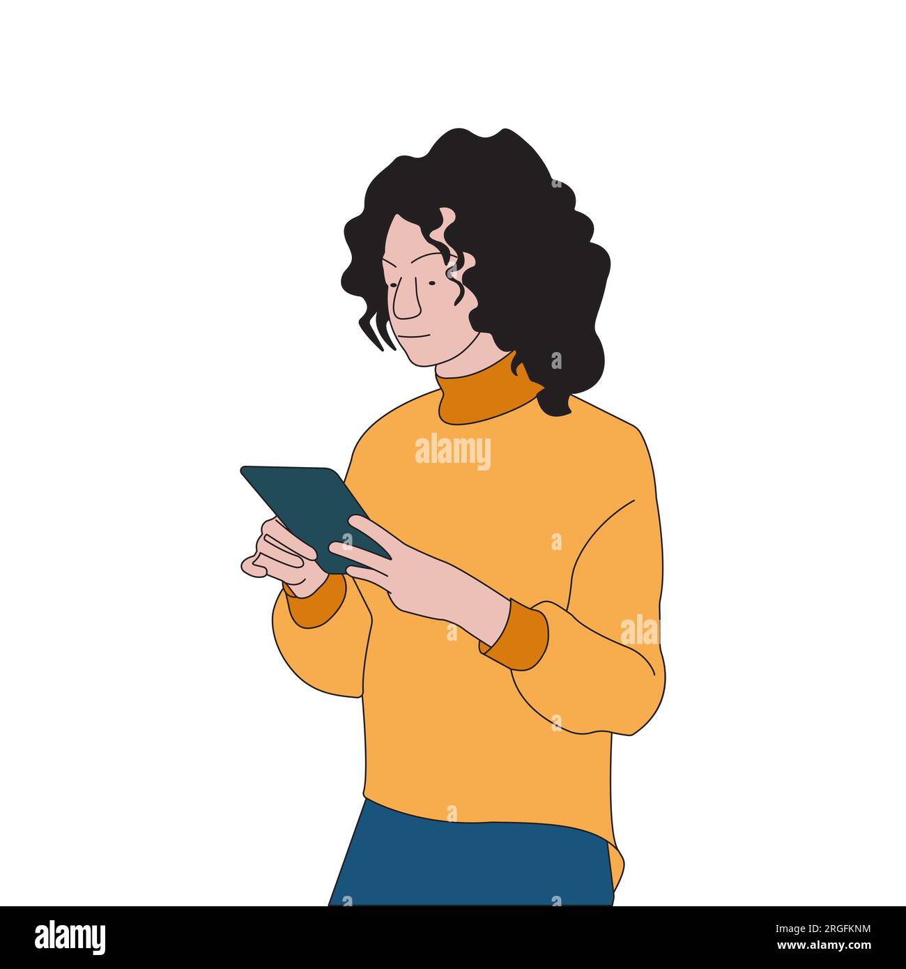 Giovane donna d'affari che utilizza un tablet con schermo touch in un ufficio moderno. illustrazione grafica colorata Illustrazione Vettoriale