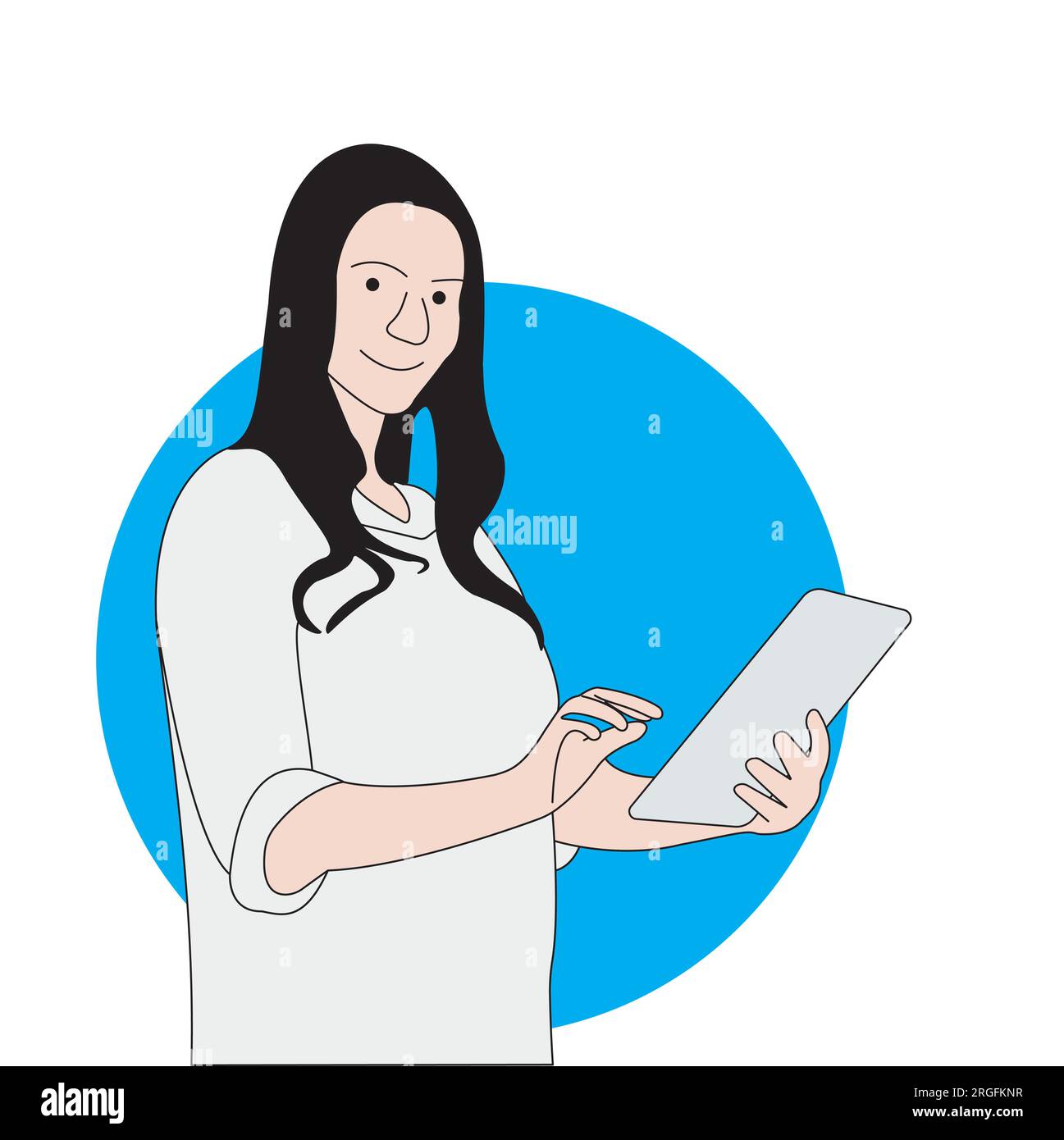 Giovane donna d'affari che utilizza un tablet con schermo touch in un ufficio moderno. illustrazione grafica colorata Illustrazione Vettoriale