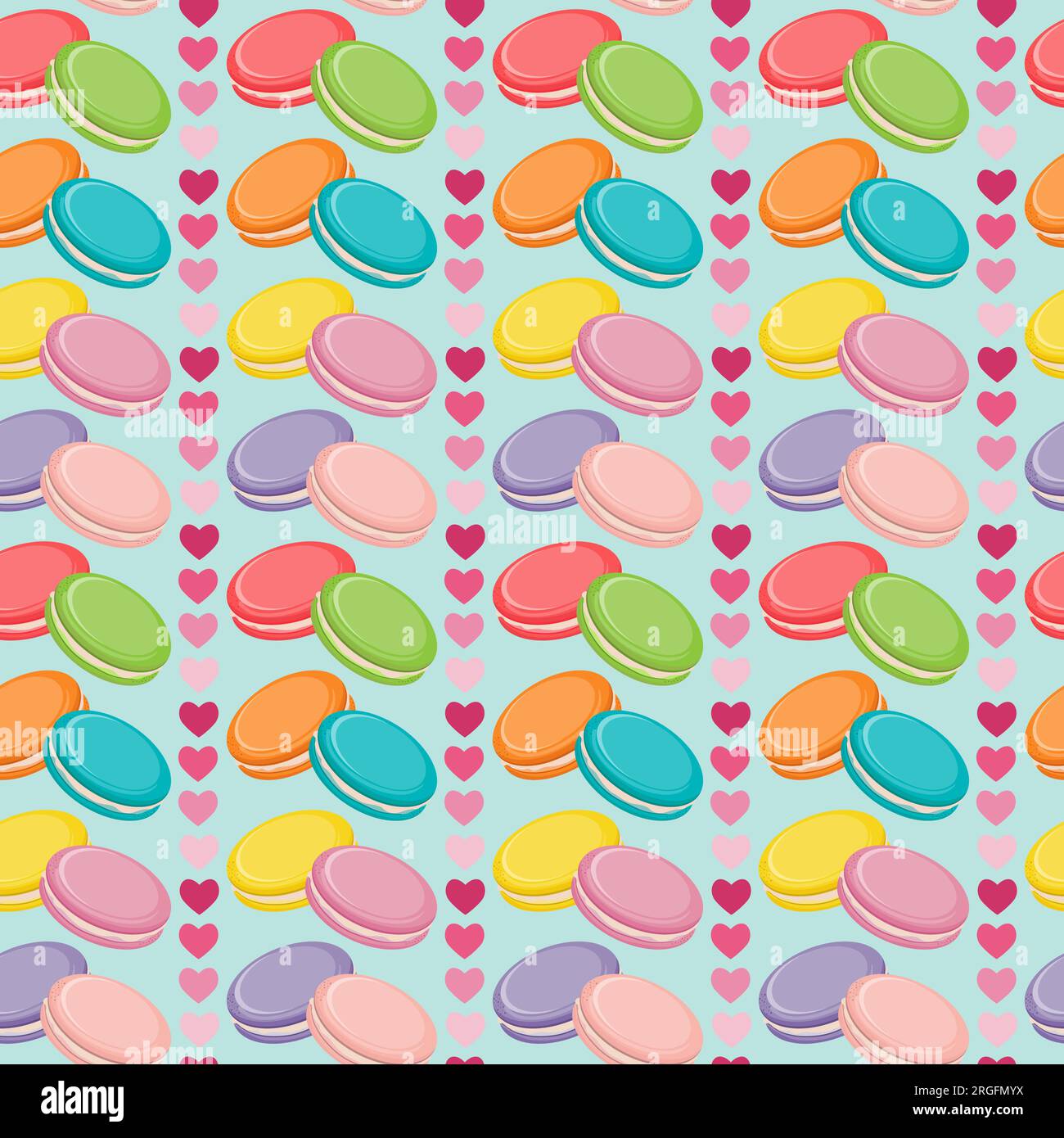 Motivo vettoriale senza cuciture con coloratissimi biscotti macaroon, biscotti francesi e cuori Illustrazione Vettoriale