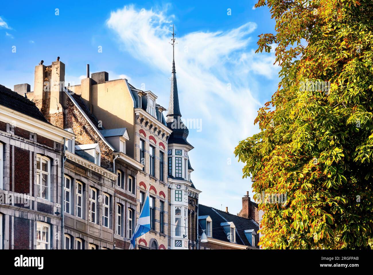 Maastricht, Paesi Bassi. Paesaggio urbano con facciate tradizionali e alberi sulla destra Foto Stock