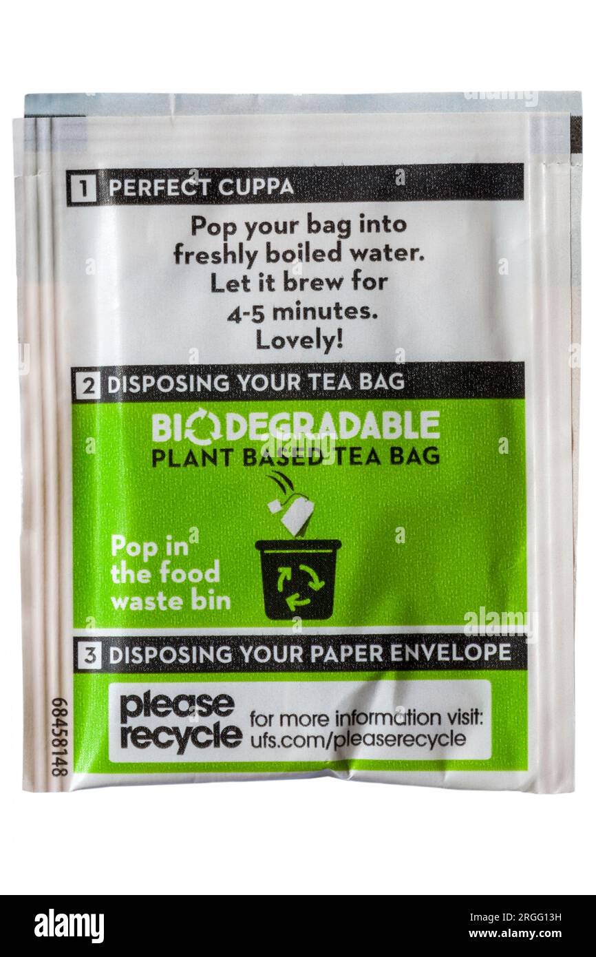Tè in sacchetto biodegradabile a base vegetale - informazioni sul retro del tè in sacchetto di tè con infusione di menta piperita PG Tips Foto Stock