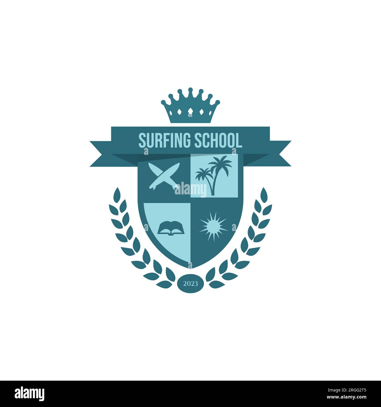 Emblema vintage, badge, etichetta o logo per la scuola di surf illustrazione vettoriale. Logo vintage surf, emblema, badge, etichetta, marchio. Giornata internazionale di surf c Illustrazione Vettoriale