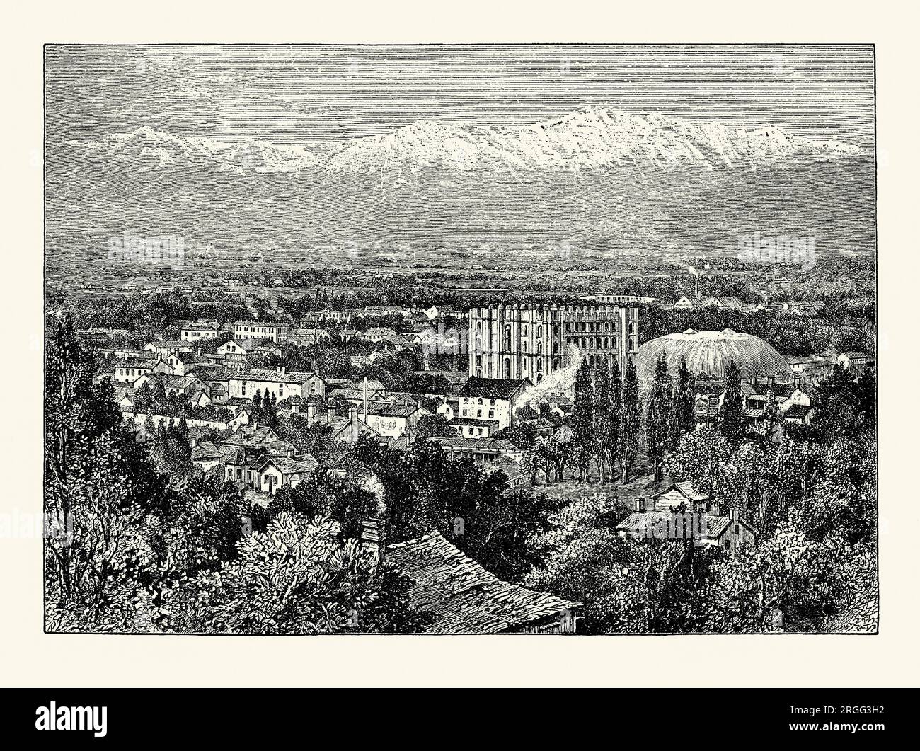 Un'antica incisione di Salt Lake City, Utah, USA alla fine degli anni '1800 È tratto da un libro di storia americana del 1895. Salt Lake City è la capitale e la città più popolosa dello Utah. Salt Lake City fu fondata nel 1847 dai primi coloni pionieri guidati da Brigham Young che cercavano di sfuggire alle persecuzioni che avevano vissuto mentre vivevano più a est. Il centro è il Tempio di Salt Lake Utah, sede della Chiesa di Gesù Cristo dei Santi degli ultimi giorni, situata a Temple Square e aperta nel 1893. A destra si trova il Tabernacolo del lago salato, noto anche come Tabernacolo mormone. Foto Stock