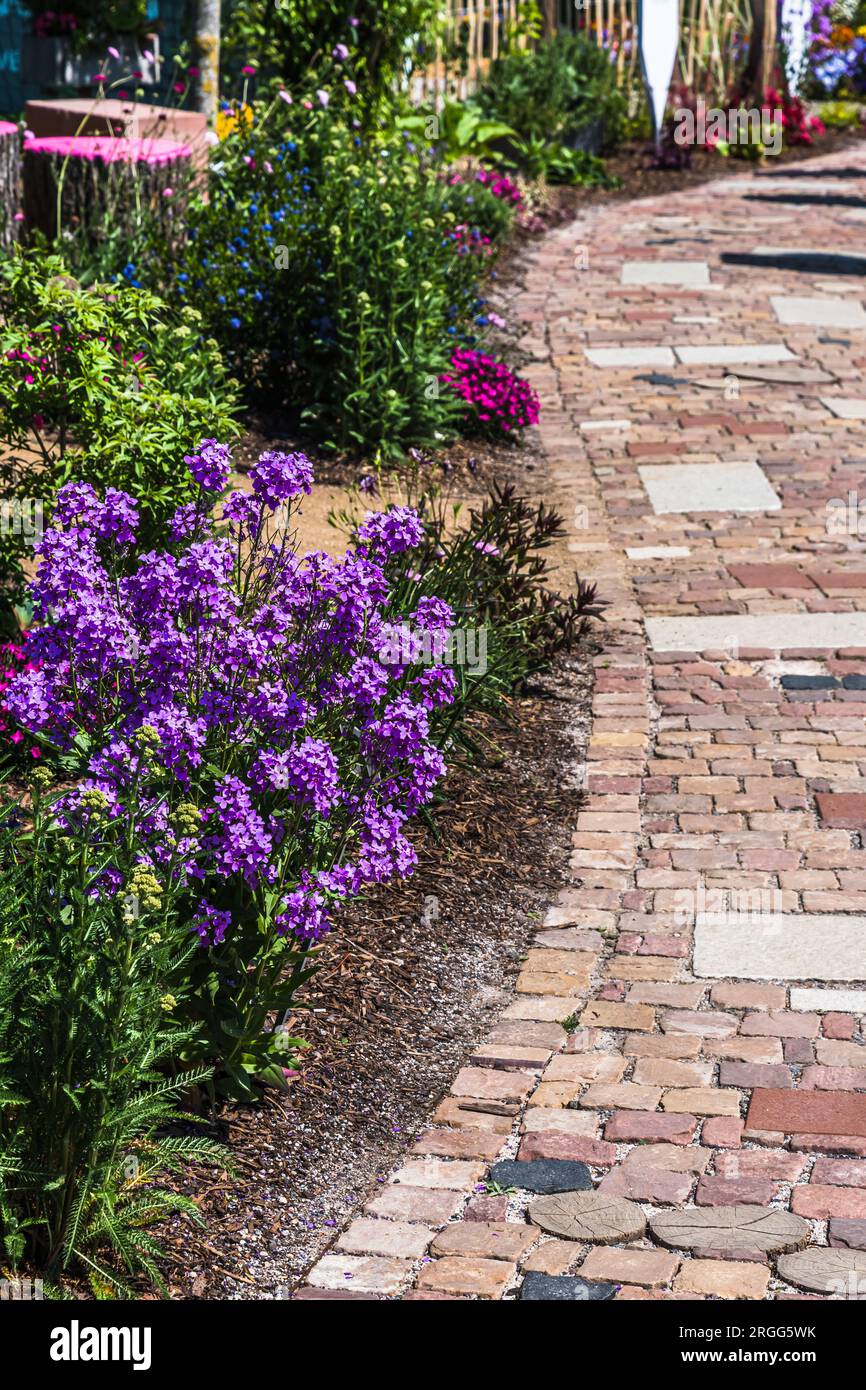 Sentiero lastricato attraverso uno splendido giardino con fiori in fiore Foto Stock