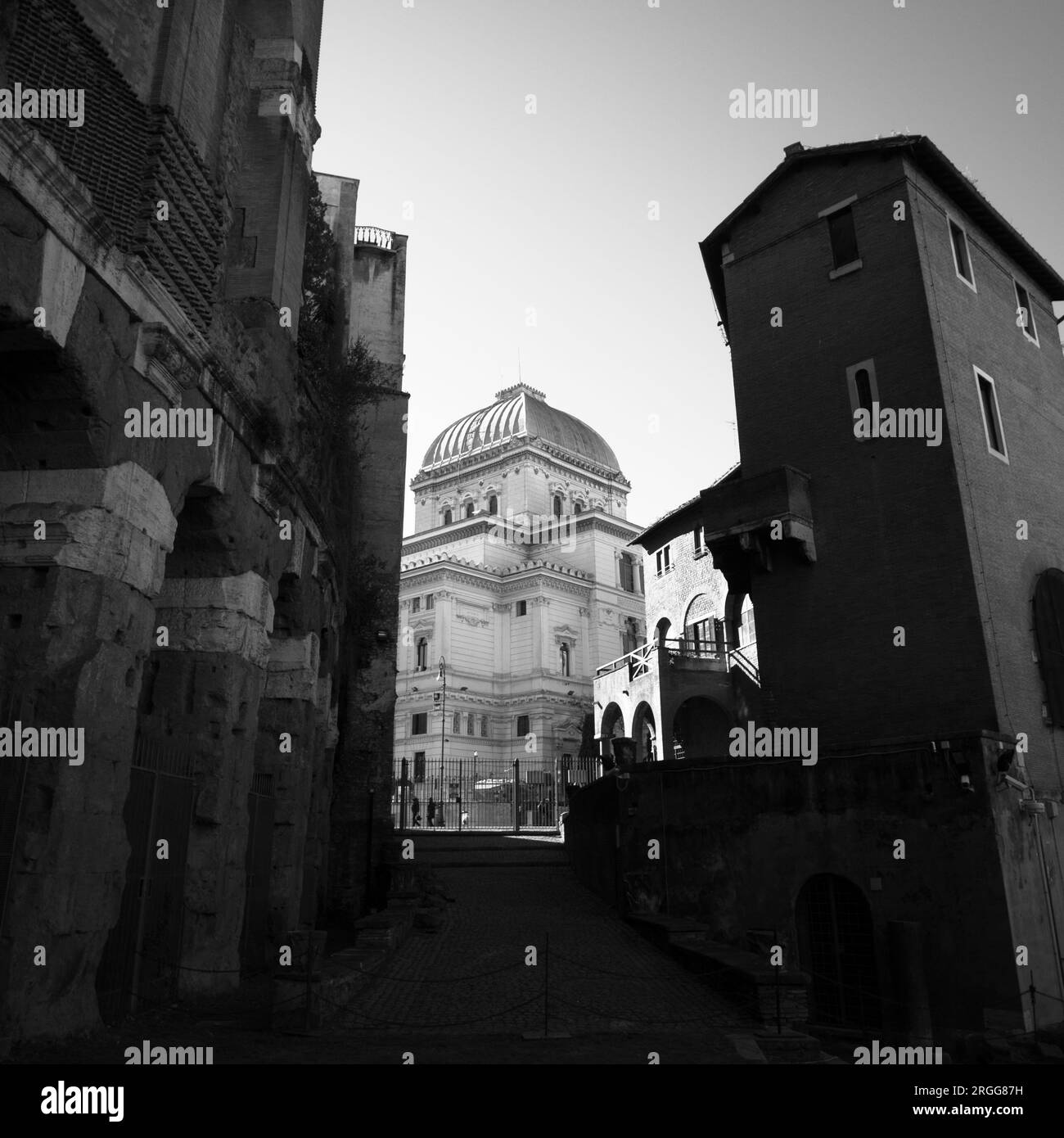 Vista in bianco e nero della grande Sinagoga di Roma - conosciuta in italiano come Tempio maggiore di Roma - vista tra la costruzione dell'ex ghetto ebraico. Foto Stock