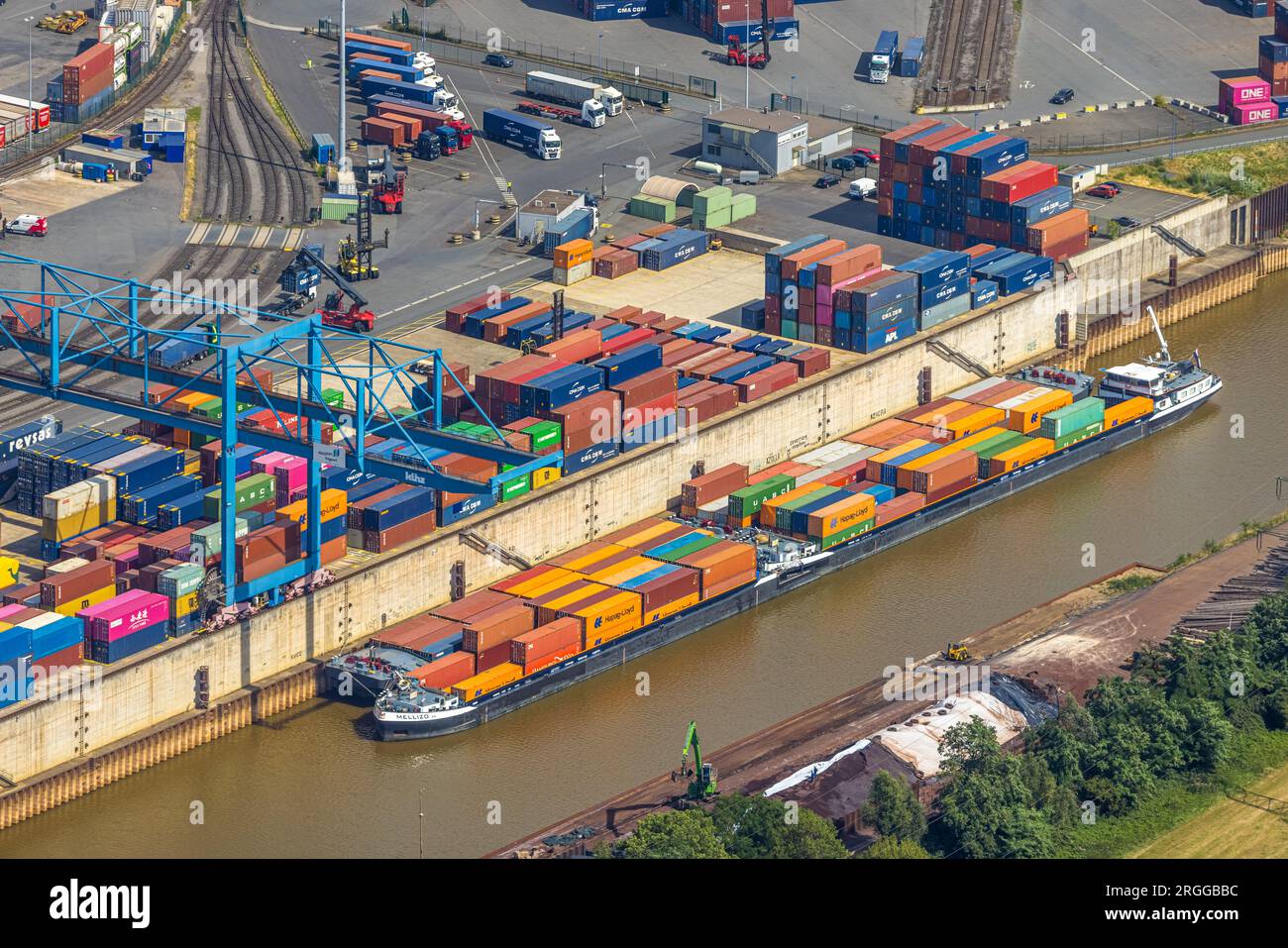 Veduta aerea, logport i Rheinhausen, nave portacontainer, Friemersheim, Duisburg, regione della Ruhr, Renania settentrionale-Vestfalia, Germania Foto Stock