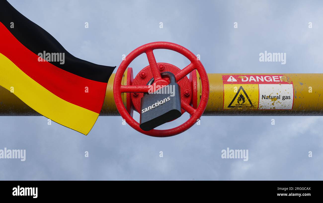 Tubo gas Germania, sanzioni gas, chiusura tubo gas, concetto sanzioni, lavoro 3D e immagine 3D. Foto Stock