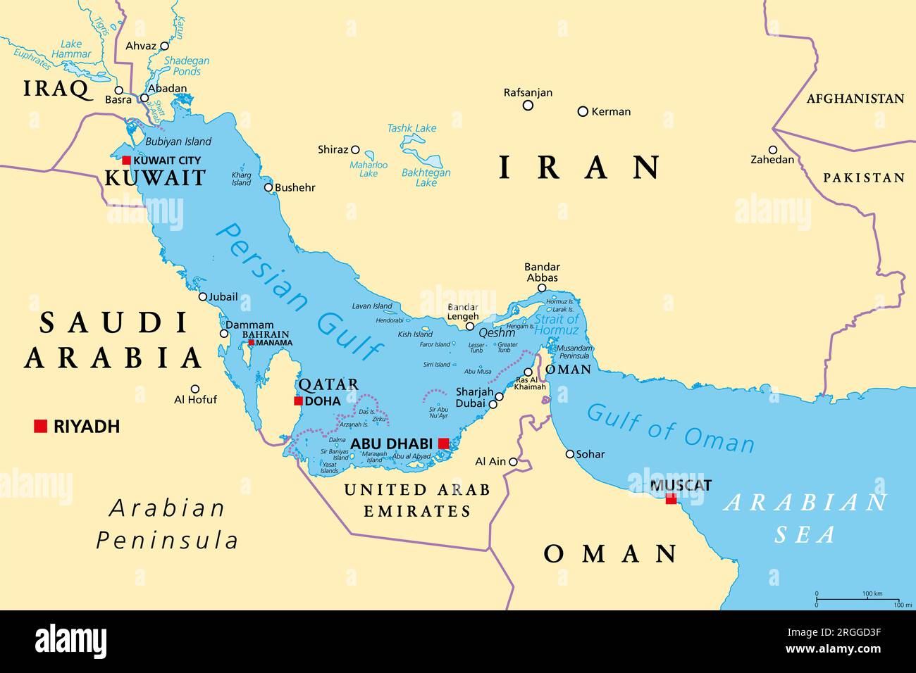 Regione del Golfo Persico, mappa politica. Anche Golfo Arabico, un Mar mediterraneo nell'Asia occidentale, situato tra l'Iran e la penisola arabica. Foto Stock