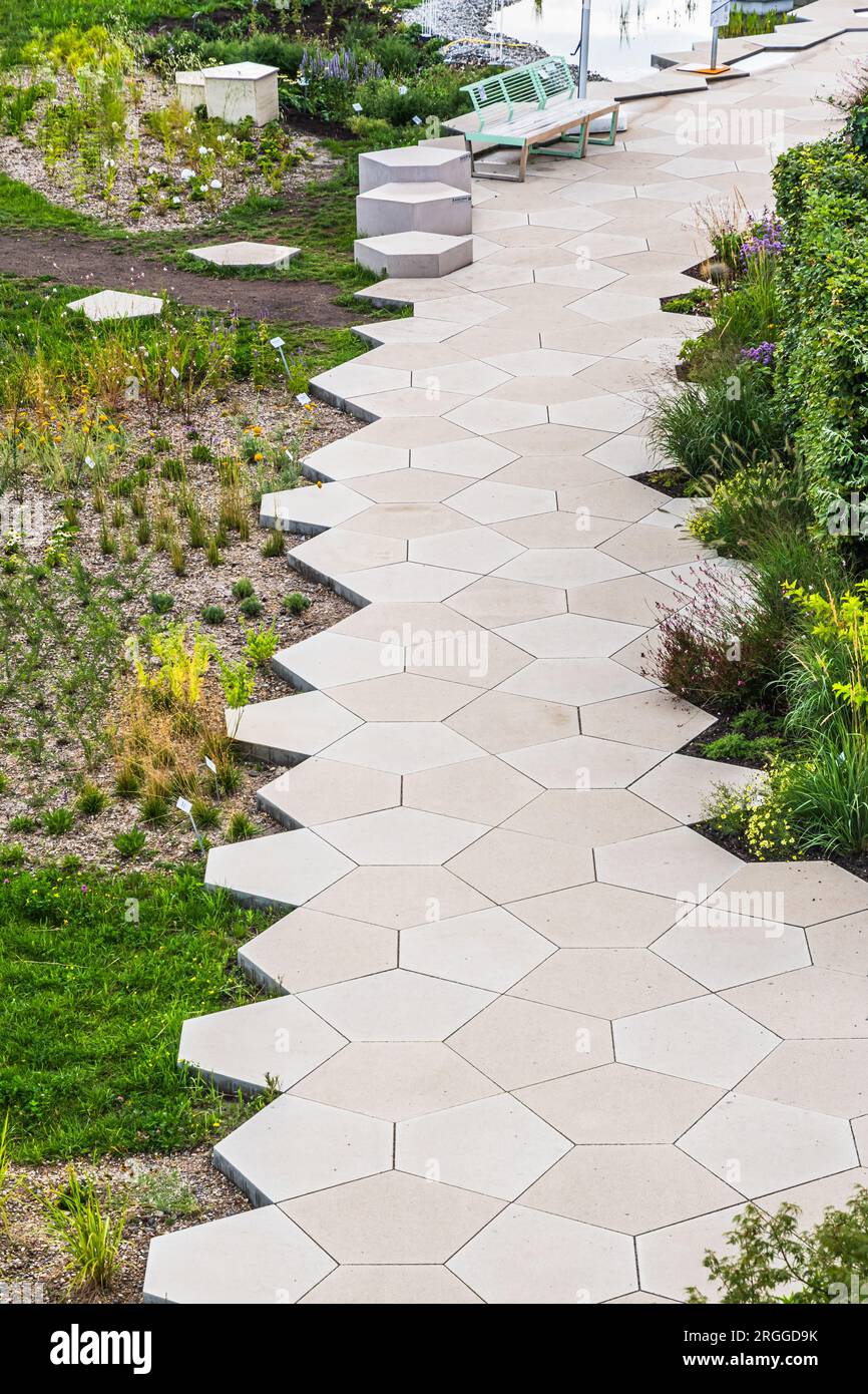 Sentiero con grandi lastre di pietra attraverso un giardino, verticale Foto Stock