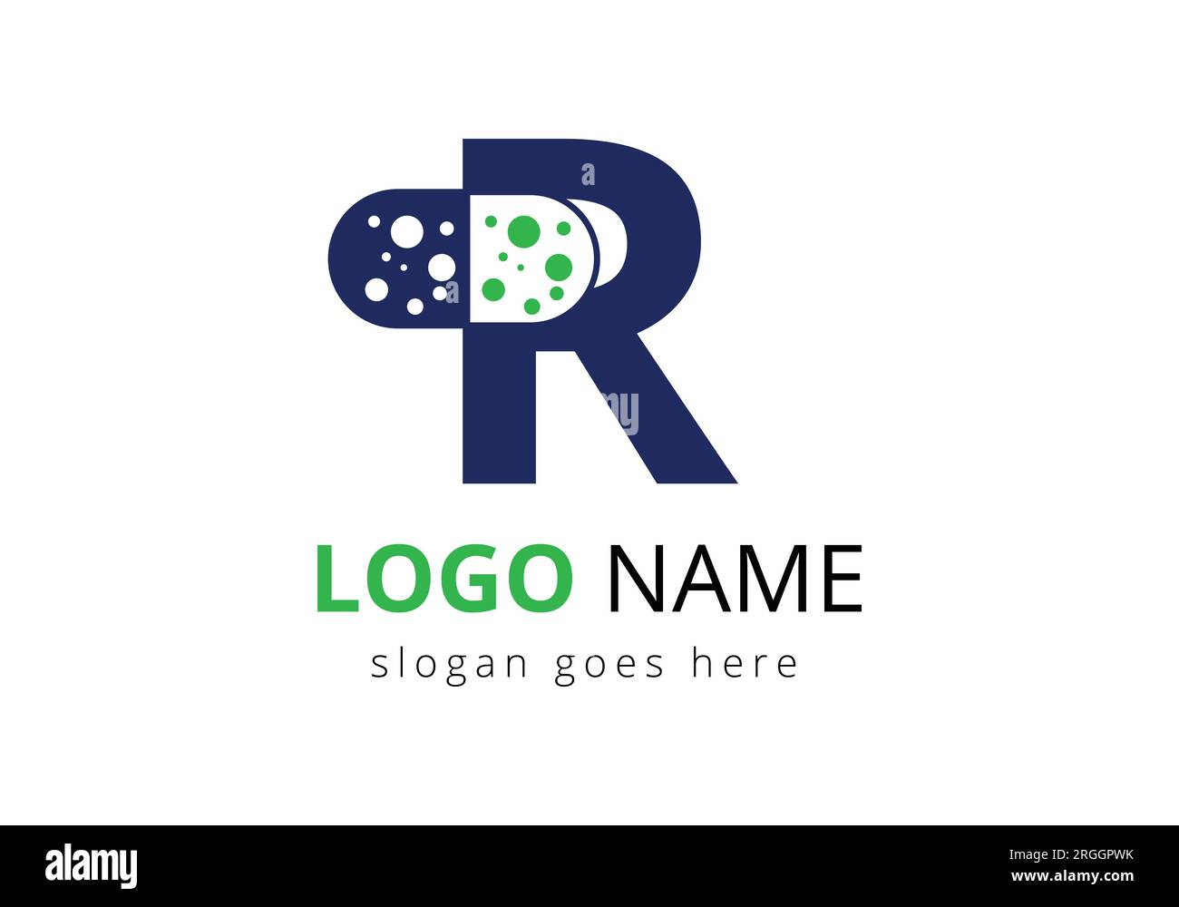 Modello vettoriale con logo Letter R Medicine tablet Logo Concept for Healthcare Logo Sign con simbolo a pila Illustrazione Vettoriale