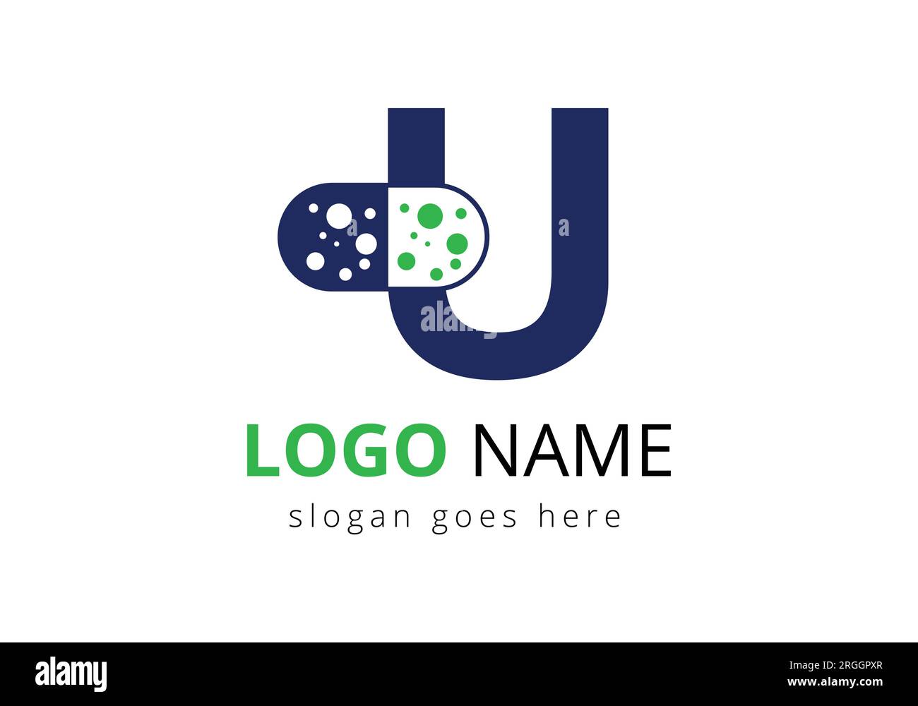 Modello vettoriale con logo Letter U Medicine tablet Logo Concept for Healthcare Logo Sign con simbolo a pila Illustrazione Vettoriale