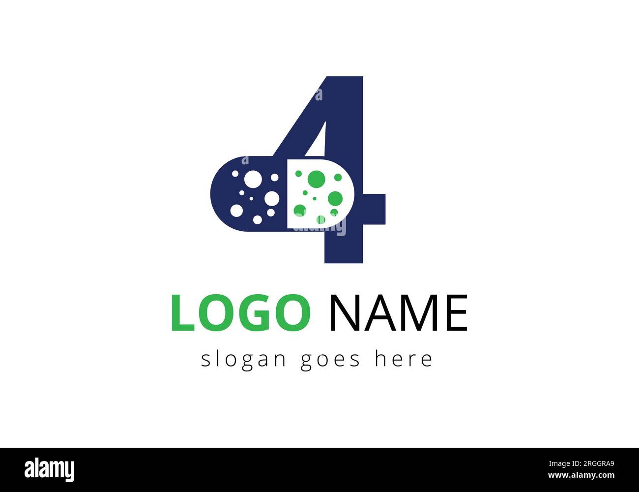 Lettera 4 concetto di logo della compressa per la medicina per il logo sanitario modello vettoriale con simbolo di pila Illustrazione Vettoriale