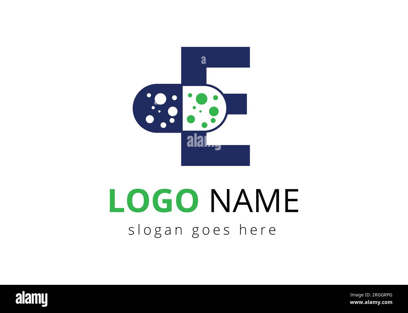 Modello vettoriale con logo Letter e Medicine tablet Logo Concept for Healthcare Logo Sign con simbolo a pila Illustrazione Vettoriale